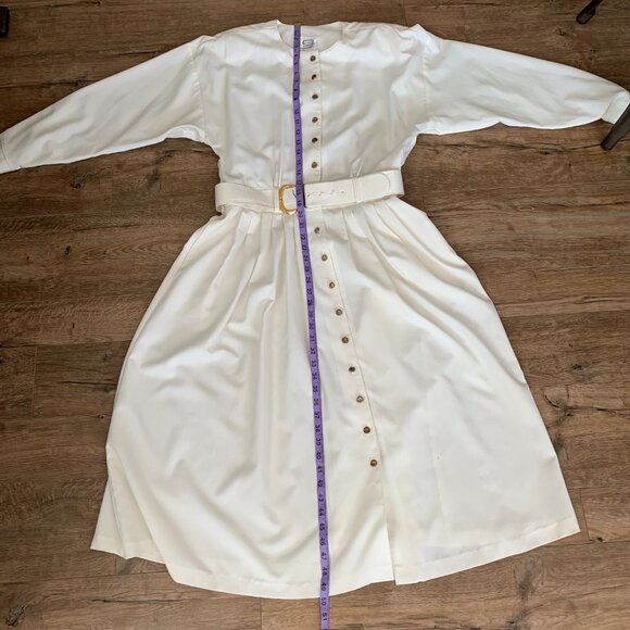 Vintage 80s 90s Full Button Belted Long Dolman Sleeve Pleated Midi Dress - Picture 13 of 16